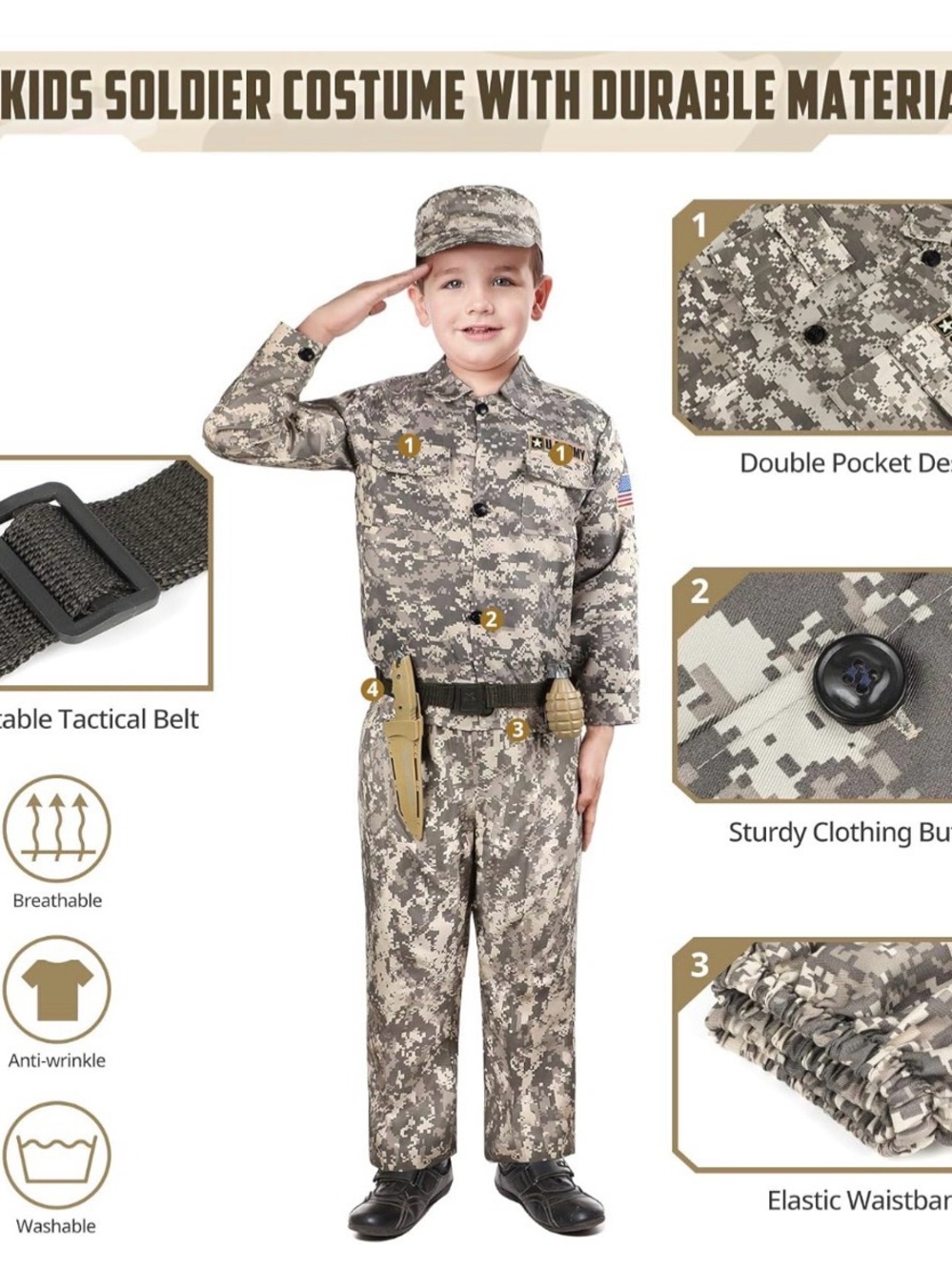Kids U.S. Army Soldier Play Set / Costume Plus Accessories | Camo | Size Medium